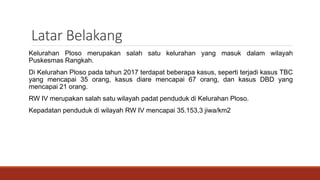 Latar Belakang
Kelurahan Ploso merupakan salah satu kelurahan yang masuk dalam wilayah
Puskesmas Rangkah.
Di Kelurahan Ploso pada tahun 2017 terdapat beberapa kasus, seperti terjadi kasus TBC
yang mencapai 35 orang, kasus diare mencapai 67 orang, dan kasus DBD yang
mencapai 21 orang.
RW IV merupakan salah satu wilayah padat penduduk di Kelurahan Ploso.
Kepadatan penduduk di wilayah RW IV mencapai 35.153,3 jiwa/km2
 