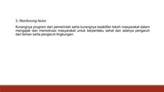 3. Reinforcing factor
Kurangnya program dari pemerintah serta kurangnya keaktifan tokoh masyarakat dalam
mengajak dan memotivasi masyarakat untuk berperilaku sehat dan adanya pengaruh
dari teman serta pengaruh lingkungan.
 