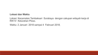 Lokasi dan Waktu
Lokasi: Kecamatan Tambaksari Surabaya dengan cakupan wilayah kerja di
RW IV Kelurahan Ploso.
Waktu: 2 Januari 2018 sampai 4 Februari 2018.
 
