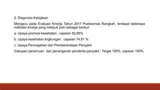 2. Diagnosis Kebijakan
Mengacu pada Evaluasi Kinerja Tahun 2017 Puskesmas Rangkah, terdapat beberapa
indikator kinerja yang meliputi poin sebagai berikut:
a. Upaya promosi kesehatan : capaian 82,68%
b. Upaya kesehatan lingkungan : capaian 74,81 %
c. Upaya Pencegahan dan Pemberantasan Penyakit
Cakupan penemuan dan penanganan penderita penyakit : Target 100%, capaian 100%
 