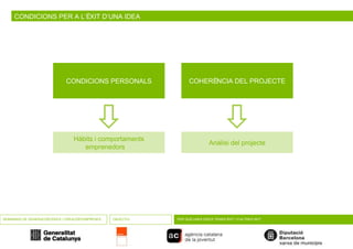 CONDICIONS PER A L’ÈXIT D’UNA IDEA CONDICIONS PERSONALS    SEMINARIS DE GENERACIÓ D’IDEES I CREACIÓ D’EMPRESES OBJECTIU PER QUÈ UNES IDEES TENEN ÈXIT I D’ALTRES NO? Hàbits i comportaments emprenedors  COHERÈNCIA DEL PROJECTE    Anàlisi del projecte 