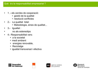 1 .- els cercles de cooperació:  gestió de la qualitat resolució conflictes 2.-  La qualitat  total: Metodologia, eines de qualitat... 3.-  Igualtat :  no als estereotips 4.- Responsabilitat vers:  a la societat medi ambient energies renovable,  Reciclatge igualtat transversal i efectiva Què  és la responsabilitat empresarial ? 