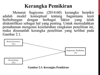 Kerangka Pemikiran
Menurut Sugiyono (2014:60) kerangka berpikir
adalah model konseptual tentang bagaimana teori
berhubungan dengan berbagai faktor yang telah
diidentifikasi sebagai hal yang penting. Untuk memudahkan
pemahaman mengenai keseluruhan rangkaian penelitian ini,
maka disusunlah kerangka penelitian yang terlihat pada
Gambar 2.1.
Gambar 2.1: Kerangka Pemikiran
Brand Awareness
(X1)
Keputusan Pembelian
(Y)
Brand Image
(X2)
 