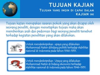 TUJUAN KAJIAN
T UJUAN

YANG INGIN DI CAPAI DALAM

KAJIAN

INI

Tujuan kajian merupakan sasaran pokok yang akan dicapai oleh
seorang peneliti, dengan menetapkan tujuan maka akan
memberikan arah dan pedoman bagi seorang peneliti tersebut
terhadap kegiatan penelitian yang akan dilakukan.
Untuk mendeskripsikan upaya yang dilakukan
Mohammad Natsir dibidang politik terhadap stabilitas
nasional di Indonesia pada tahun 1946-1951.
Untuk mendeskripsikan Upaya yang dilakukan
Mohammad Natsir di bidang ekonomi terhadap
stabilitas nasional di indoneia pada tahun 1946-1951.

 