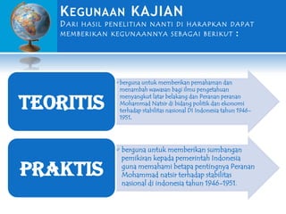 K EGUNAAN KAJIAN
D ARI

HA S I L P E N E L I T I A N N A N T I D I H A R A PKA N DA PA T

MEMBERIKAN KEGUNAANNYA SEBAGAI BERIKUT

:

TEORITIS

•berguna untuk memberikan pemahaman dan
menambah wawasan bagi ilmu pengetahuan
menyangkut latar belakang dan Peranan peranan
Mohammad Natsir di bidang politik dan ekonomi
terhadap stabilitas nasional DI Indonesia tahun 19461951.

PRAKTIS

• berguna untuk memberikan sumbangan
pemikiran kepada pemerintah Indonesia
guna memahami betapa pentingnya Peranan
Mohammad natsir terhadap stabilitas
nasional di indonesia tahun 1946-1951.

 