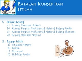 B ATASAN K ONSEP DAN
I STILAH
1.

Batasan Konsep
a) Konsep Tinjauan Historis
b) Konsep Peranan Mohammad Natsir di Bidang Politik
c) Konsep Peranan Mohammad Natsir di Bidang Ekonomi
d) Konsep Stabilitas Nasiona

2. Batasan Istilah
a) Tinjauan Historis
b) Politik
c) Ekonomi
d) Stabilitas Politik

 