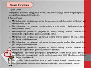 1. Tujuan Umum
Mengetahui efektivitas penggunaan media komik terhadap daya terima dan peningkatan
pengetahuan gizi pada remaja putri.
2. Tujuan khusus
a. Mendiskripsikan pengetahuan remaja tentang anemia sebelum diberi pendidikan gizi
dengan media komik.
b. Mendiskripsikan pengetahuan remaja tentang anemia setelah diberi pendidikan gizi
dengan media komik.
c. Mendiskripsikan perbedaan pengetahuan remaja tentang anemia sebelum dan
sesudah diberi pendidikan gizi dengan media komik.
d. Mendiskripsikan pengetahuan gizi remaja tentang anemia sebelum diberi pendidikan
gizi dengan metode ceramah
e. Mendiskripsikan pengetahuan gizi remaja tentang anemia setelah diberi pendidikan
gizi dengan metode ceramah
f. Mendiskripsikan perbedaan pengetahuan remaja tentang anemia sebelum dan
sesudah diberi pendidikan gizi dengan metode ceramah.
g. Menganalisis perbedaan peningkatan pengetahuan antara siswa yang diberikan
pendidikan gizi menggunakan media komik dengan siswa tidak diberikan oendidikan
gizi dengan media komik.
h. Menganalisis daya terima siswa terhadap metode pendidikan gizi yang digunakan.
i. Menginternalisasi nilai-nilai Islam dalam meningkatkan pengetahuan gizi remaja.
Tujuan Penelitian
 