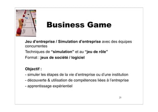Business Game
Jeu d’entreprise / Simulation d’entreprise avec des équipes
concurrentes
Techniques de “simulation” et au “j...