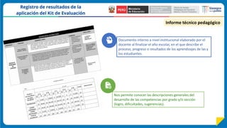 Informe técnico pedagógico
Nos permite conocer las descripciones generales del
desarrollo de las competencias por grado y/o sección
(logro, dificultades, sugerencias).
Documento interno a nivel institucional elaborado por el
docente al finalizar el año escolar, en el que describe el
proceso, progreso o resultados de los aprendizajes de las y
los estudiantes.
 