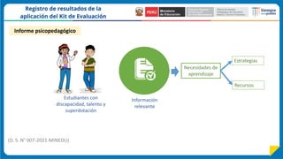 Necesidades de
aprendizaje
Estrategias
Recursos
Estudiantes con
discapacidad, talento y
superdotación
Información
relevante
(D. S. N° 007-2021-MINEDU)
Informe psicopedagógico
 