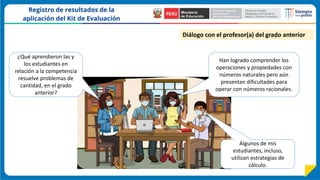 Diálogo con el profesor(a) del grado anterior
¿Qué aprendieron las y
los estudiantes en
relación a la competencia
resuelve problemas de
cantidad, en el grado
anterior?
Han logrado comprender los
operaciones y propiedades con
números naturales pero aún
presentan dificultades para
operar con números racionales.
Algunos de mis
estudiantes, incluso,
utilizan estrategias de
cálculo.
 