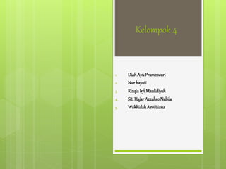Kelompok 4
1. Diah Ayu Prameswari
2. Nur hayati
3. RizqiaIrfi Maulidiyah
4. SitiHajar AzzahroNabila
5. WakhidahAevi Liana
 