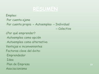 RESUMEN
Empleo:
-Por cuenta ajena
-Por cuenta propia Autoempleo Individual→ →
- → Colectivo
¿Por qué emprender?
-Autoempleo como opción
-Autoempleo como alternativa
Ventajas e inconvenientes
Factores clave del éxito:
-Emprendedor
-Idea
-Plan de Empresa
Asociacionismo
13
 