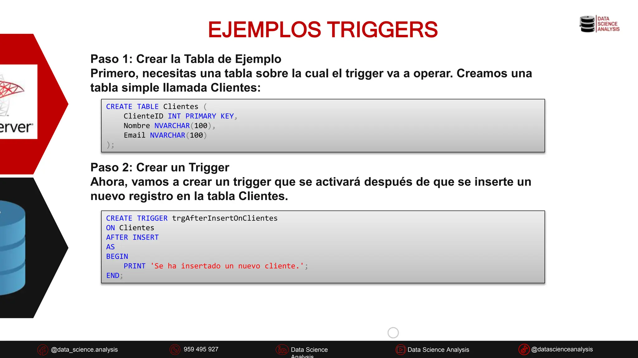 EJEMPLOS TRIGGERS
@data_science.analysis Data Science
926 837 332
@data_science.analysis Data Science @datascienceanalysis
Data Science Analysis
959 495 927
Paso 1: Crear la Tabla de Ejemplo
Primero, necesitas una tabla sobre la cual el trigger va a operar. Creamos una
tabla simple llamada Clientes:
CREATE TABLE Clientes (
ClienteID INT PRIMARY KEY,
Nombre NVARCHAR(100),
Email NVARCHAR(100)
);
Paso 2: Crear un Trigger
Ahora, vamos a crear un trigger que se activará después de que se inserte un
nuevo registro en la tabla Clientes.
CREATE TRIGGER trgAfterInsertOnClientes
ON Clientes
AFTER INSERT
AS
BEGIN
PRINT 'Se ha insertado un nuevo cliente.';
END;
 