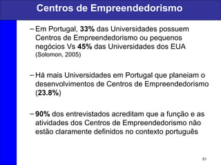 51
Centros de Empreendedorismo
– Em Portugal, 33% das Universidades possuem
Centros de Empreendedorismo ou pequenos
negócios Vs 45% das Universidades dos EUA
(Solomon, 2005)
– Há mais Universidades em Portugal que planeiam o
desenvolvimentos de Centros de Empreendedorismo
(23.8%)
– 90% dos entrevistados acreditam que a função e as
atividades dos Centros de Empreendedorismo não
estão claramente definidos no contexto português
 