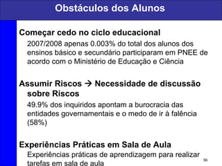 56
Obstáculos dos Alunos
Começar cedo no ciclo educacional
2007/2008 apenas 0.003% do total dos alunos dos
ensinos básico e secundário participaram em PNEE de
acordo com o Ministério de Educação e Ciência
Assumir Riscos  Necessidade de discussão
sobre Riscos
49.9% dos inquiridos apontam a burocracia das
entidades governamentais e o medo de ir à falência
(58%)
Experiências Práticas em Sala de Aula
Experiências práticas de aprendizagem para realizar
tarefas em sala de aula
 