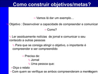 28
Como construir objetivos/metas?
 Objetivo : Desenvolver a capacidade de compreender e comunicar
 Precisa de:
 Vamos lá dar um exemplo…
 Como?
 Jornal
 Uma pessoa que:
 Oiça o relato
 Com quem se verifique se ambos compreenderam a mensagem
 Ler assiduamente notícias de jornal e comunicar o seu
conteúdo a outras pessoas
 Para que se consiga atingir o objetivo, o importante é
compreender e ser compreendido
 