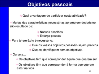 29
Objetivos pessoais
 Qual a vantagem de participar nesta atividade?
 Muitas das características necessárias ao empreendedorismo
são resultado de:
 Nossas escolhas
 Esforço pessoal
 Para terem êxito é necessário:
 Que os vossos objetivos pessoais sejam práticos
 Que se identifiquem com os objetivos
 Ou seja…
 Os objetivos têm que corresponder àquilo que querem ser
 Os objetivos têm que corresponder à forma que querem
estar na vida
 