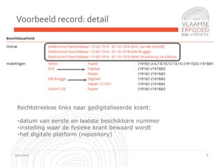 Voorbeeld record: detail
19/11/2016 8
Rechtstreekse links naar gedigitaliseerde krant:
-datum van eerste en laatste beschikbare nummer
-instelling waar de fysieke krant bewaard wordt
-het digitale platform (repository)
 