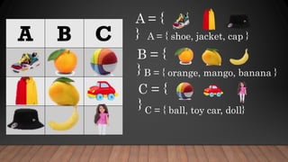 A = {
} A = { shoe, jacket, cap }
B = {
} B = { orange, mango, banana }
C = {
} C = { ball, toy car, doll}
 