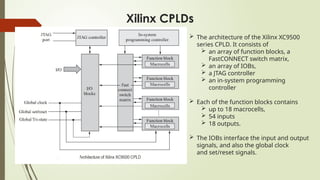  The architecture of the Xilinx XC9500
series CPLD. It consists of
 an array of function blocks, a
FastCONNECT switch matrix,
 an array of IOBs,
 a JTAG controller
 an in-system programming
controller
 Each of the function blocks contains
 up to 18 macrocells,
 54 inputs
 18 outputs.
 The IOBs interface the input and output
signals, and also the global clock
and set/reset signals.
Xilinx CPLDs
 