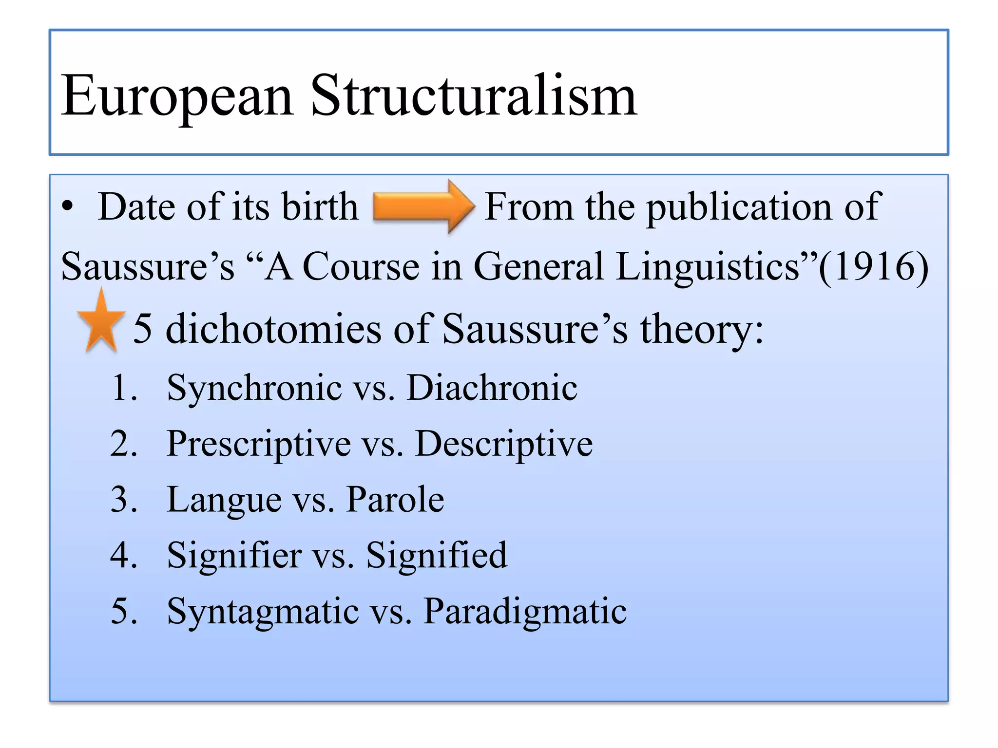 European Structuralism
• Date of its birth
From the publication of
Saussure‟s “A Course in General Linguistics”(1916)

5 dichotomies of Saussure‟s theory:
1.
2.
3.
4.
5.

Synchronic vs. Diachronic
Prescriptive vs. Descriptive
Langue vs. Parole
Signifier vs. Signified
Syntagmatic vs. Paradigmatic

 
