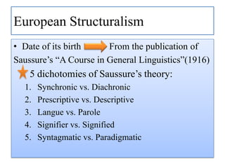 European Structuralism
• Date of its birth
From the publication of
Saussure‟s “A Course in General Linguistics”(1916)

5 dichotomies of Saussure‟s theory:
1.
2.
3.
4.
5.

Synchronic vs. Diachronic
Prescriptive vs. Descriptive
Langue vs. Parole
Signifier vs. Signified
Syntagmatic vs. Paradigmatic

 