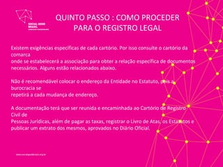 QUINTO PASSO : COMO PROCEDER
                        PARA O REGISTRO LEGAL

Existem exigências específicas de cada cartório. Por isso consulte o cartório da
comarca
onde se estabelecerá a associação para obter a relação específica de documentos
necessários. Alguns estão relacionados abaixo.

Não é recomendável colocar o endereço da Entidade no Estatuto, pois a
burocracia se
repetirá a cada mudança de endereço.

A documentação terá que ser reunida e encaminhada ao Cartório de Registro
Civil de
Pessoas Jurídicas, além de pagar as taxas, registrar o Livro de Atas, os Estatutos e
publicar um extrato dos mesmos, aprovados no Diário Oficial.
 