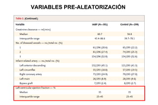 TRATAMIENTO
• Aleatorización ONE-to-ONE a IABP or not
   – Centralizada, software via internet
   – IABP pre-PCI o justo posterior a PCI: centers choice
   – Gatillado por EKG 1:1 al inicio, se mantuvo hasta estabilidad HDNM: PAS>90 mmHg
     >30' sin DVA
   – Weaning de IABP 1:1 á 1:2 á 1:3
• CROSS-OVER de los controles si desarrollo de: complicaciones
  mecánicas
• REVASCULARIZACION PRECOZ, según centers choice
   – PCI de IRA solamente
   – PCI de IRA + PCI otras lesiones diferidas
   – PCI IRA + CABG de otras lesiones diferidas
• Estandarización de cuidados de UCI: German-Austrian S3 Guideline
 