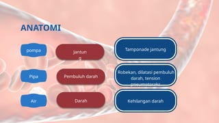 pompa
Pipa
Air
Pembuluh darah
Jantun
g
Darah
Robekan, dilatasi pembuluh
darah, tension
pneumotoraks
Kehilangan darah
Tamponade jantung
ANATOMI
 