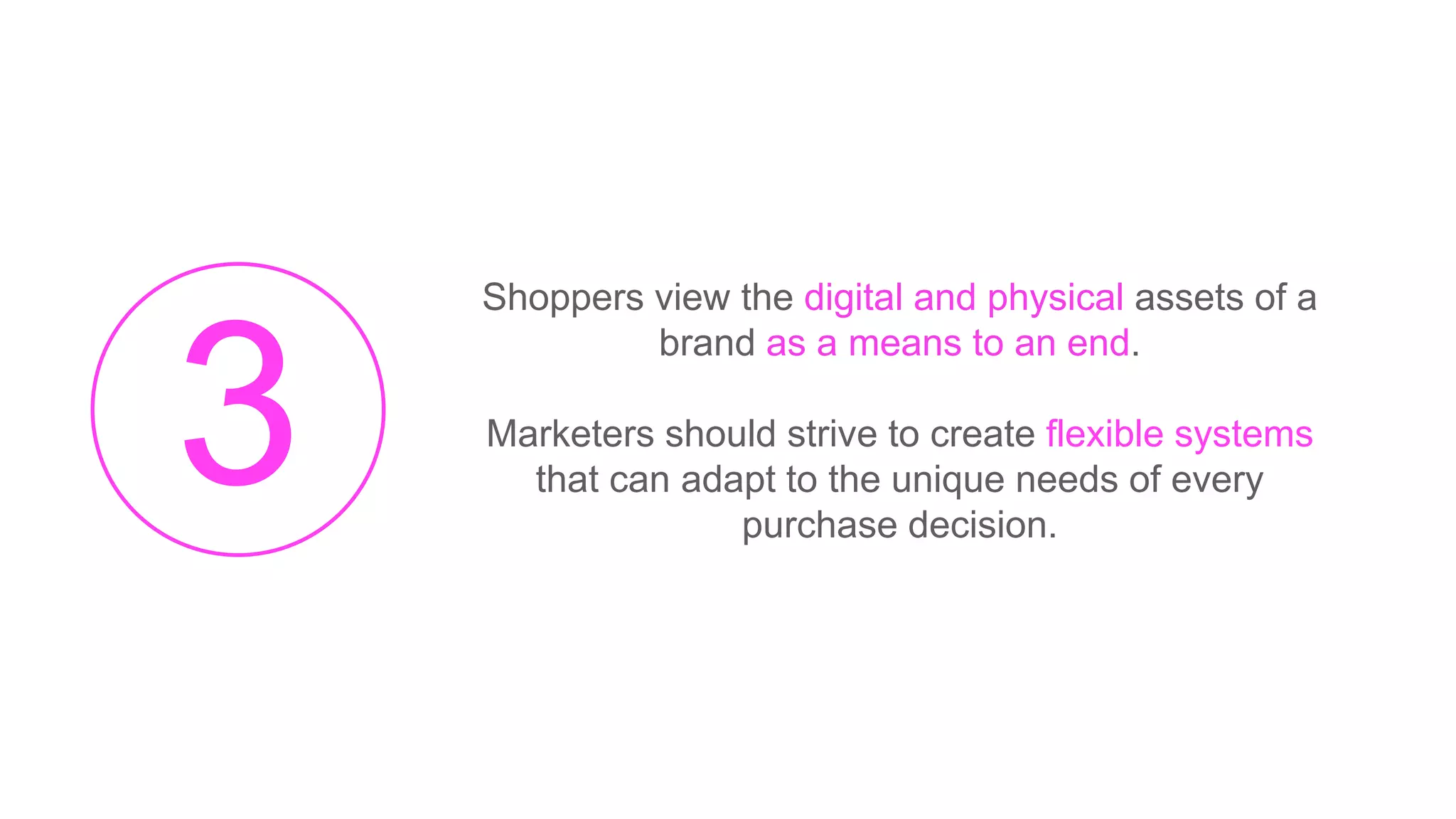 Shoppers view the digital and physical assets of a
brand as a means to an end.
Marketers should strive to create flexible systems
that can adapt to the unique needs of every
purchase decision.
 