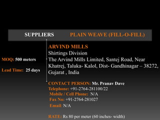SUPPLIERS             PLAIN WEAVE (FILL-O-FILL)

                     ARVIND MILLS
                     Shirtings Division
MOQ: 500 meters      The Arvind Mills Limited, Santej Road, Near
                     Khatrej, Taluka- Kalol, Dist- Gandhinagar – 38272,
Lead Time: 25 days
                     Gujarat , India

                     CONTACT PERSON: Mr. Pranav Dave
                     Telephone: +91-2764-281100/22
                     Mobile / Cell Phone: N/A
                     Fax No: +91-2764-281027
                      Email: N/A

                     RATE: Rs 80 per meter (60 inches- width)
 