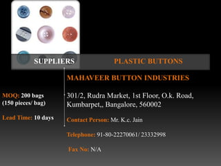 SUPPLIERS                  PLASTIC BUTTONS

                     MAHAVEER BUTTON INDUSTRIES

MOQ: 200 bags        301/2, Rudra Market, 1st Floor, O.k. Road,
(150 pieces/ bag)    Kumbarpet,, Bangalore, 560002
Lead Time: 10 days   Contact Person: Mr. K.c. Jain

                     Telephone: 91-80-22270061/ 23332998

                     Fax No: N/A
 