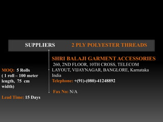 SUPPLIERS          2 PLY POLYESTER THREADS

                       SHRI BALAJI GARMENT ACCESSORIES
                        260, 2ND FLOOR, 10TH CROSS, TELECOM
MOQ: 5 Rolls           LAYOUT, VIJAYNAGAR, BANGLORE, Karnataka
( 1 roll – 100 meter   India
length, 75 cm          Telephone: +(91)-(080)-41248892
width)
                       Fax No: N/A
Lead Time: 15 Days
 