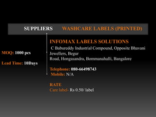 SUPPLIERS        WASHCARE LABELS (PRINTED)

                    INFOMAX LABELS SOLUTIONS
                     C Babureddy Industrial Compound, Opposite Bhavani
MOQ: 1000 pcs       Jewellers, Begur
                    Road, Hongasandra, Bommanahalli, Bangalore
Lead Time: 10Days
                    Telephone: 080-66498743
                    Mobile: N/A

                    RATE
                    Care label- Rs 0.50/ label
 