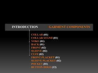 INTRODUCTION       GARMENT COMPONENTS

        COLLAR (01)
        COLLAR STAND (01)
        YOKE (01)
        BACK (01)
        FRONT (02)
        SLEEVE (02)
        CUFF (02)
        FRONT PLACKET (01)
        SLEEVE PLACKET (02)
        POCKET (01)
        BUTTON HOLE (13)
 