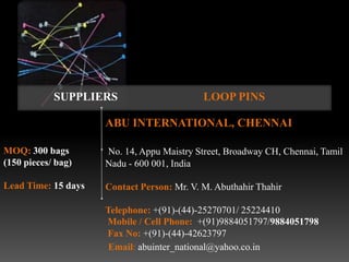 SUPPLIERS                       LOOP PINS

                     ABU INTERNATIONAL, CHENNAI

MOQ: 300 bags        No. 14, Appu Maistry Street, Broadway CH, Chennai, Tamil
(150 pieces/ bag)    Nadu - 600 001, India

Lead Time: 15 days   Contact Person: Mr. V. M. Abuthahir Thahir

                     Telephone: +(91)-(44)-25270701/ 25224410
                     Mobile / Cell Phone: +(91)9884051797/9884051798
                     Fax No: +(91)-(44)-42623797
                      Email: abuinter_national@yahoo.co.in
 