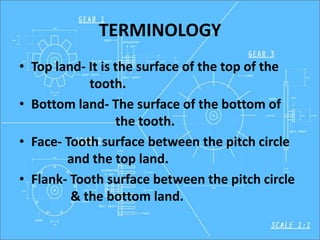 TERMINOLOGY
• Top land- It is the surface of the top of the
tooth.
• Bottom land- The surface of the bottom of
the tooth.
• Face- Tooth surface between the pitch circle
and the top land.
• Flank- Tooth surface between the pitch circle
& the bottom land.
 