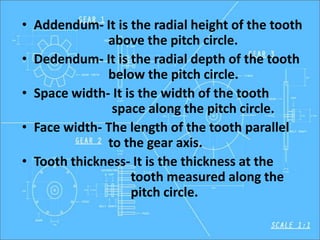 • Addendum- It is the radial height of the tooth
above the pitch circle.
• Dedendum- It is the radial depth of the tooth
below the pitch circle.
• Space width- It is the width of the tooth
space along the pitch circle.
• Face width- The length of the tooth parallel
to the gear axis.
• Tooth thickness- It is the thickness at the
tooth measured along the
pitch circle.
 