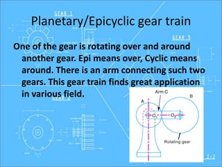 Planetary/Epicyclic gear train
One of the gear is rotating over and around
another gear. Epi means over, Cyclic means
around. There is an arm connecting such two
gears. This gear train finds great application
in various field.
 