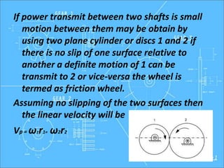 If power transmit between two shafts is small
motion between them may be obtain by
using two plane cylinder or discs 1 and 2 if
there is no slip of one surface relative to
another a definite motion of 1 can be
transmit to 2 or vice-versa the wheel is
termed as friction wheel.
Assuming no slipping of the two surfaces then
the linear velocity will be
Vp = ω1r1= ω2r2
 
