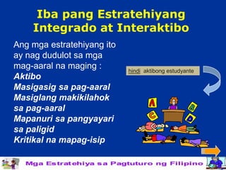 Iba pang Estratehiyang
    Integrado at Interaktibo
Ang mga estratehiyang ito
ay nag dudulot sa mga
mag-aaral na maging :       hindi aktibong estudyante
Aktibo
Masigasig sa pag-aaral
Masiglang makikilahok
sa pag-aaral
Mapanuri sa pangyayari
sa paligid
Kritikal na mapag-isip
 