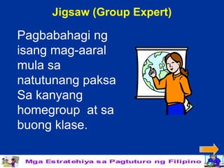 Jigsaw (Group Expert)

Pagbabahagi ng
isang mag-aaral
mula sa
natutunang paksa
Sa kanyang
homegroup at sa
buong klase.
 