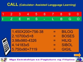 CALL (Calculator- Assisted Langguage Learning)

1     2    3     4    5     6     7    8     9       0
I     Z    E     H    S     -     L    B     G       O



       1.450X200+756-38           =     BILOG
       2.10700x5+8                =     BOSES
       3.98x980-4326              =     HILIG
       4.14183x5                  =     SIBOL
       5.750x90+7119              =     GIGIL
 