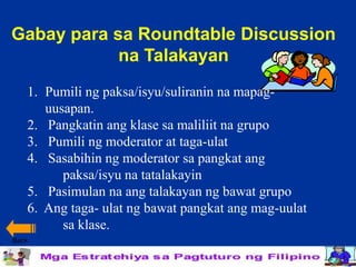 Gabay para sa Roundtable Discussion
            na Talakayan
   1. Pumili ng paksa/isyu/suliranin na mapag-
      uusapan.
   2. Pangkatin ang klase sa maliliit na grupo
   3. Pumili ng moderator at taga-ulat
   4. Sasabihin ng moderator sa pangkat ang
         paksa/isyu na tatalakayin
   5. Pasimulan na ang talakayan ng bawat grupo
   6. Ang taga- ulat ng bawat pangkat ang mag-uulat
         sa klase.
Back
 