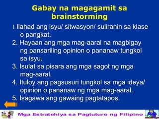 Gabay na magagamit sa
          brainstorming
1 Ilahad ang isyu/ sitwasyon/ suliranin sa klase
 .


   o pangkat.
2. Hayaan ang mga mag-aaral na magbigay
   ng pansariling opinion o pananaw tungkol
   sa isyu.
3. Isulat sa pisara ang mga sagot ng mga
   mag-aaral.
4. Ituloy ang pagsusuri tungkol sa mga ideya/
   opinion o pananaw ng mga mag-aaral.
5. Isagawa ang gawaing pagtatapos.
 