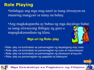 Role Playing
   •Inilalagay ang mga mag-aaral sa isang sitwasyon na
   maaaring mangyari sa tunay na buhay.

   •Ang magkakapareha ay bubuo ng mga dayalogo buhat
   sa isang sitwasyong ibibigay ng guro o
   mapagkakasunduan ng klase.
                   Mga uri ng Role- play

• Role- play na kontrolado sa pamamagitan ng dayalogong may cues
• Role- play na kontrolado sa pamamagitan ng cues at impormasyon
• Role- play na kontrolado sa pamamagitan ng sitwasyon at layunin
• Role- play sa pamamagitan ng pagtatalo at talakayan
 