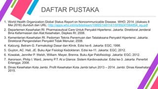 DAFTAR PUSTAKA
1. World Health Organization.Global Status Report on Noncommunicable Disease. WHO; 2014. (diakses 8
Mei 2016) diunduh dari URL: http://apps.who.int/iris/bitstream/10665/148114/1/9789241564854_eg.pdf
2. Departemen Kesehatan RI. Pharmaceutical Care Untuk Penyakit Hipertensi. Jakarta: Direktorat Jenderal
Bina Kefarmasian dan Alat Kesehatan, Depkes RI; 2006.
3. Kementerian Kesehatan RI. Pedoman Teknis Penemuan dan Tatalaksana Penyakit Hipertensi. Jakarta:
Direktorat Pengendalian Penyakit Tidak Menular; 2006.
4. Katzung, Betram G. Farmakologi Dasar dan Klinik. Edisi ke-6. Jakarta: EGC; 1998.
5. Guyton, AC. Hall, JE. Buku Ajar Fisiologi Kedokteran. Edisi ke-11. Jakarta: EGC; 2012.
6. Kowalak, Jennifer P. Welsh, William. Mayer, Brenna. Buku Ajar Patofisiologi. Jakarta: EGC; 2012.
7. Aaronson, Philip I. Ward, Jeremy P.T. At a Glance: Sistem Kardiovaskular. Edisi ke-3. Jakarta: Penerbit
Erlangga; 2008.
8. Dinas Kesehatan Kota Jambi. Profil Kesehatan Kota Jambi tahun 2013 – 2014. Jambi: Dinas Kesehatan;
2015.
 