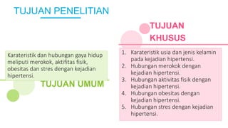 TUJUAN PENELITIAN
TUJUAN UMUM
TUJUAN
KHUSUS
Karateristik dan hubungan gaya hidup
meliputi merokok, aktifitas fisik,
obesitas dan stres dengan kejadian
hipertensi.
1. Karateristik usia dan jenis kelamin
pada kejadian hipertensi.
2. Hubungan merokok dengan
kejadian hipertensi.
3. Hubungan aktivitas fisik dengan
kejadian hipertensi.
4. Hubungan obesitas dengan
kejadian hipertensi.
5. Hubungan stres dengan kejadian
hipertensi.
 
