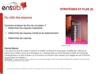 STRATÉGIES ET FLUX (3)


Du côté des espaces

Comment analyser les flux de circulation ?
 • Déterminer les espaces importants

  • Déterminer les espaces d’arrêt et de stationnement

  • Déterminer les ruptures


                                                                                                                  Source de l’image : http://crieurspublics.blogspot.com

Patrick Barrès
« Le rayon d’action de l’espace construit ou modelé, architecturé ou paysagé, est défini par celui qui en
mesure ou en réalise le jeu, qu’il interagisse ou s’immerge dans un environnement évolutif, qu’il participe
éventuellement à sa mise en forme, qu’il investisse un territoire bien marqué, qu’il engage un tour d’horizon
ou qu’il passe son chemin. »
Patrick Barrès, « L’espace architectural en pli », Communication et organisation [En ligne], 32 | 2007, mis en ligne le 01 décembre 2010, consulté le 15 février 2012. URL :
http://communicationorganisation.revues.org/290
 